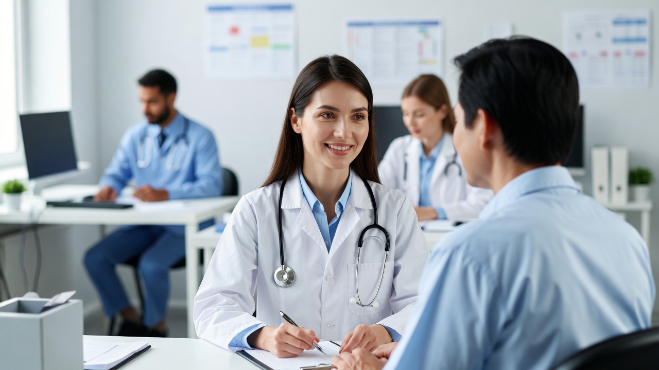 Doctor consulting with patient in medical office — appointment scheduling through live answering service