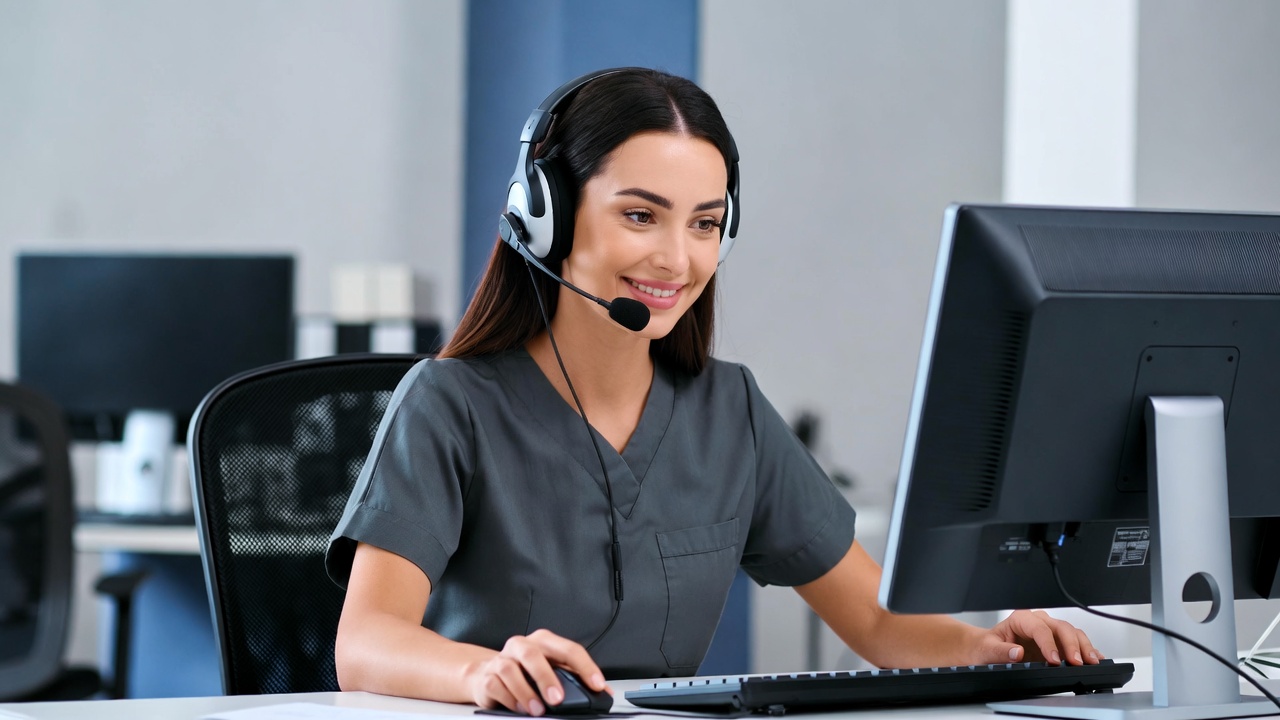 Medical call center agent with headset handling after-hours patient calls